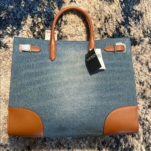 Elegant Ralph Lauren French Navy/Lauren Tan Canvas Leather-Trim Tote Bag